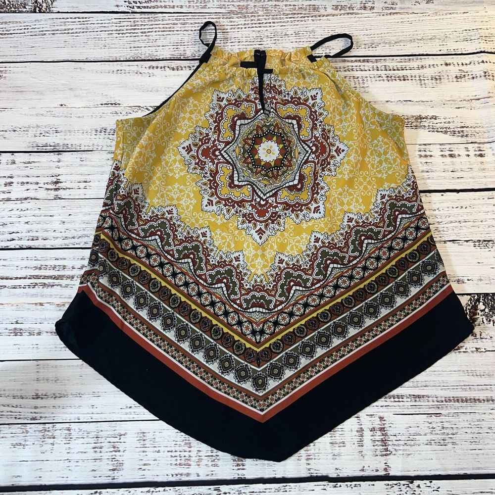 Iz Byer Women's Crepe Mandala Hanky Top Shirt Size Small Yellow/Black/Red